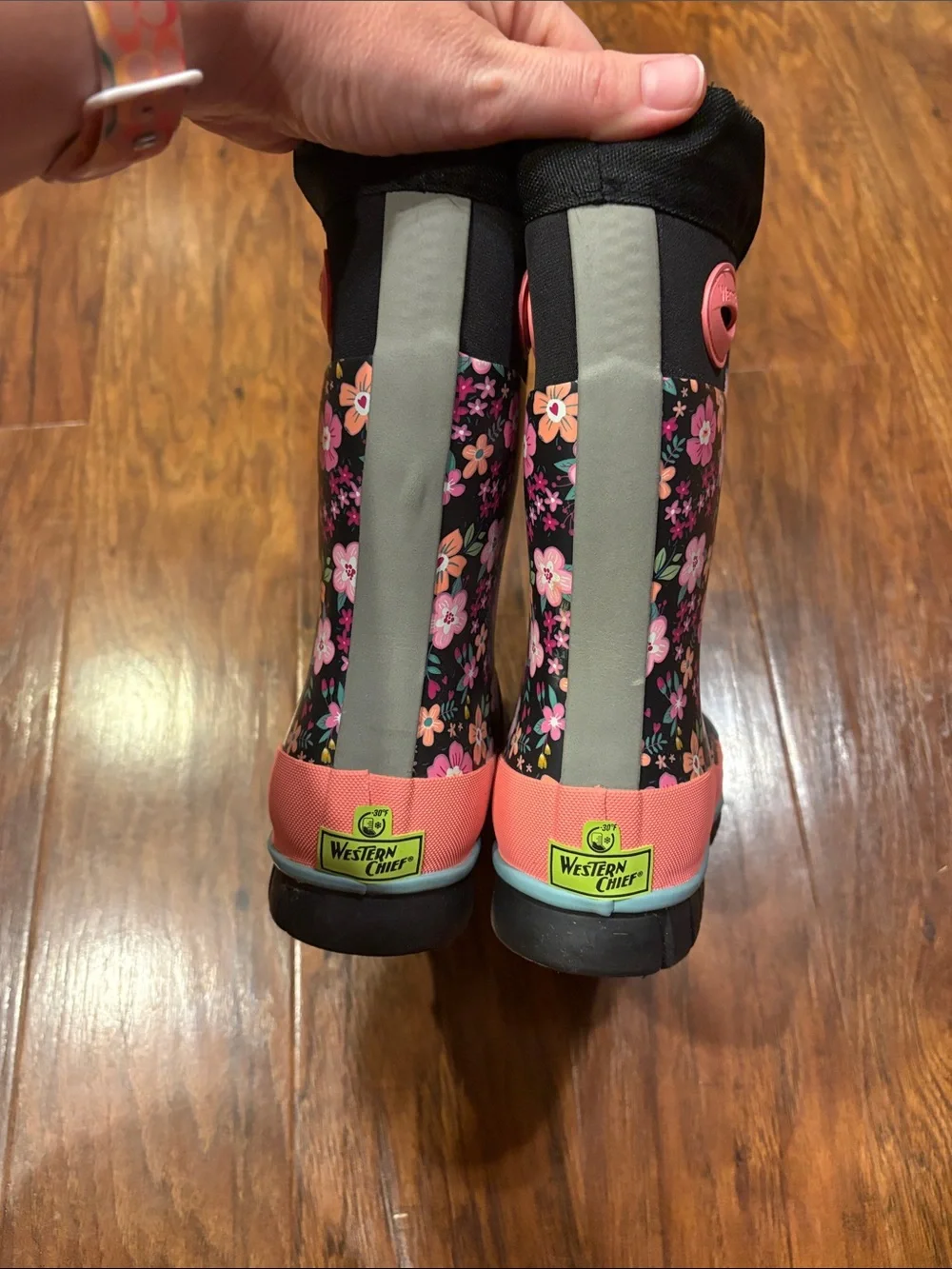 Girls Floral Winter Rain Boots with Fleece Lining - Pink & Black